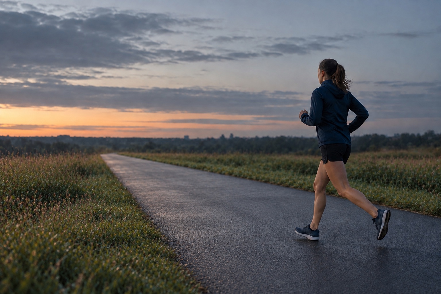 A runner following a quiet paved path at dawn