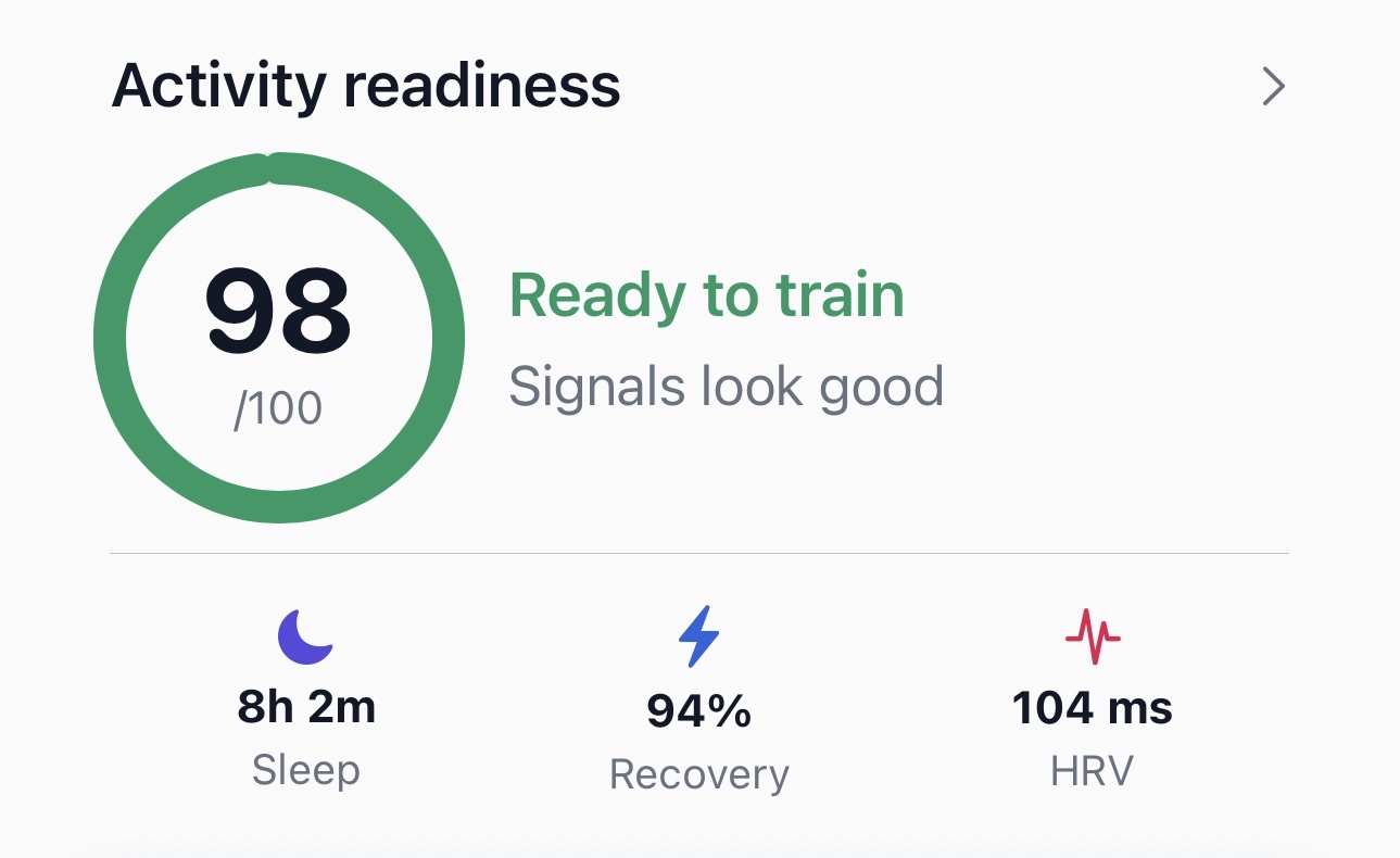 RDY Activity readiness card showing a score of 98 out of 100, Ready to train, with sleep, recovery and HRV signals