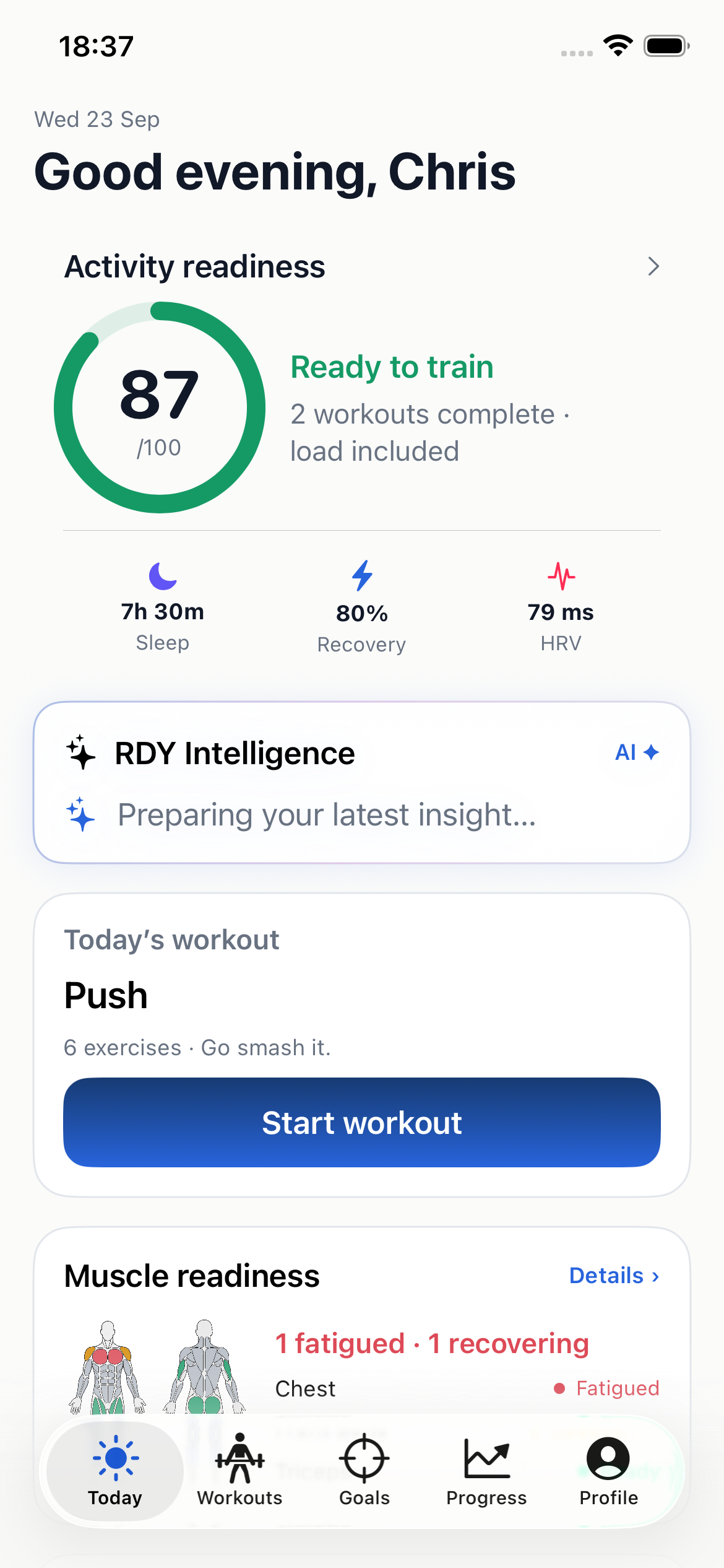 RDY Today screen showing readiness, today's workout and muscle readiness