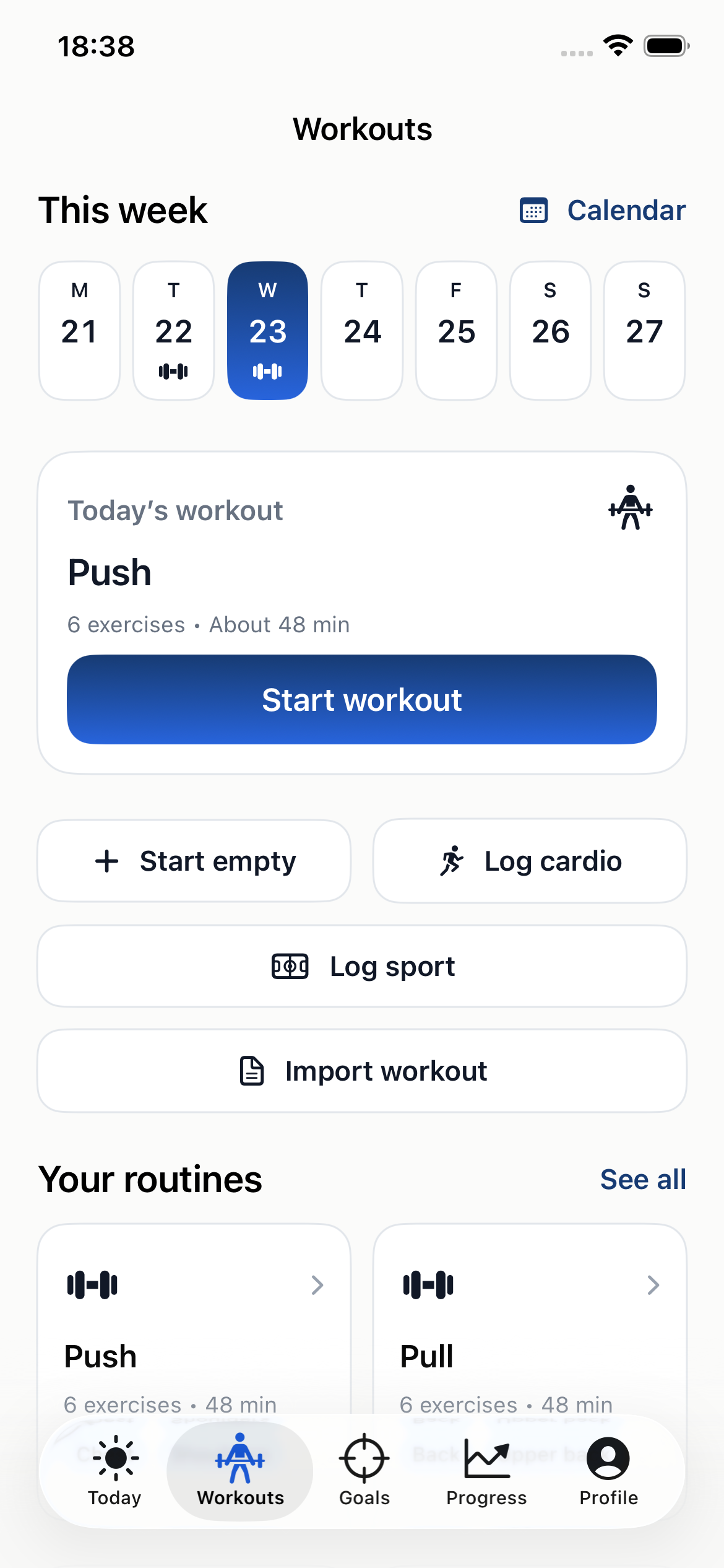 RDY Workouts screen with this week's calendar, today's workout and routines